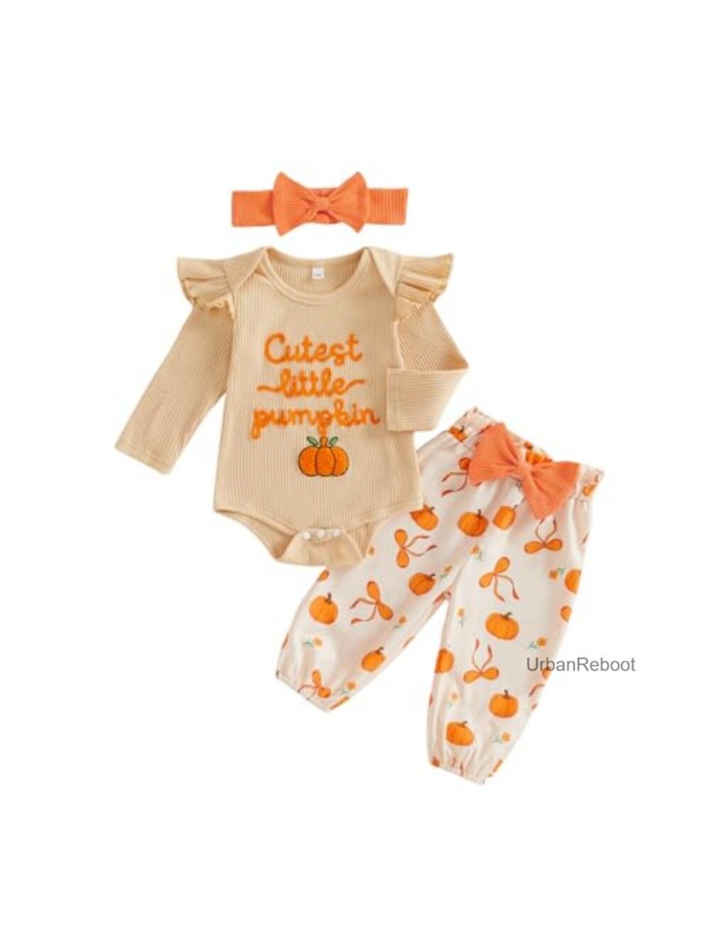 Newborn Baby Girl Halloween Pumpkin Embroidery Romper Pant Set